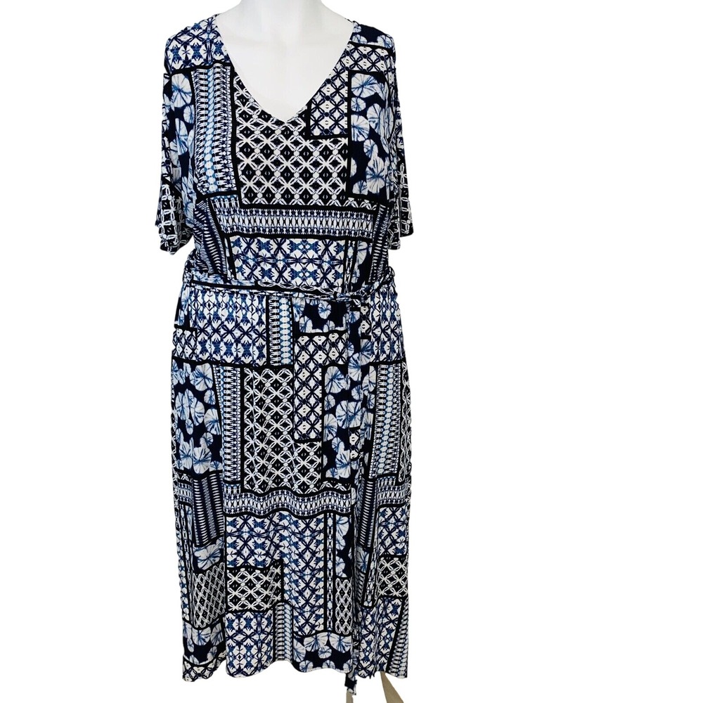 Westport Maxi Knit Dress 1X Blue Geometric Short Sleeve Cinched Waist Hi Low Hem